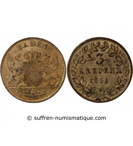 ALLEMAGNE, BADE, LEOPOLD I - 3 KREUZER 1851