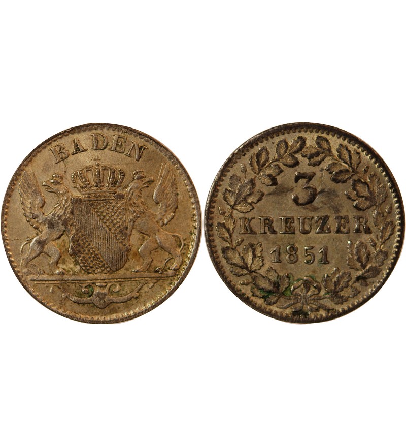 ALLEMAGNE, BADE, LEOPOLD I - 3 KREUZER 1851