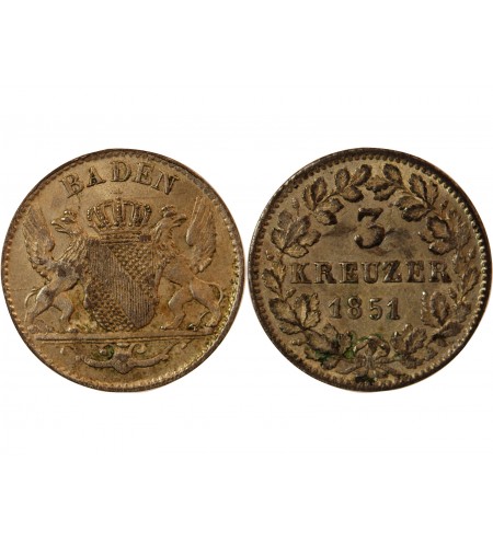 ALLEMAGNE, BADE, LEOPOLD I - 3 KREUZER 1851