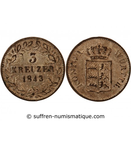 ALLEMAGNE, WURTEMBERG, WILHELM I - 3 KREUZER 1843