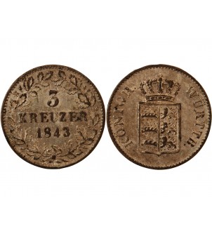 ALLEMAGNE, WURTEMBERG, WILHELM I - 3 KREUZER 1843 2