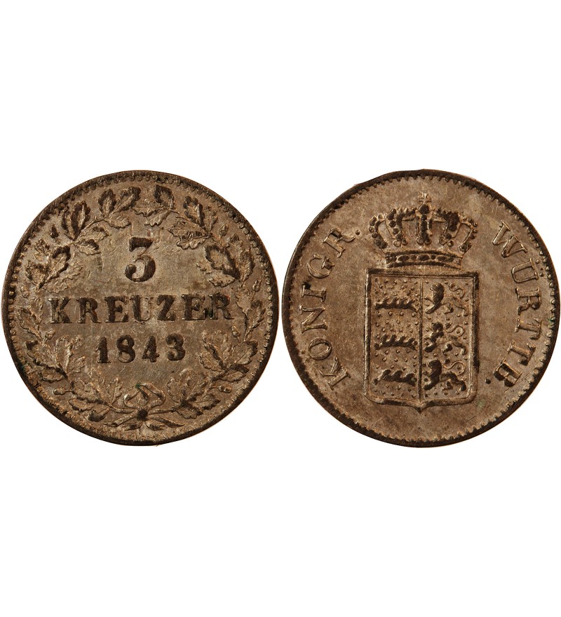 ALLEMAGNE, WURTEMBERG, WILHELM I - 3 KREUZER 1843