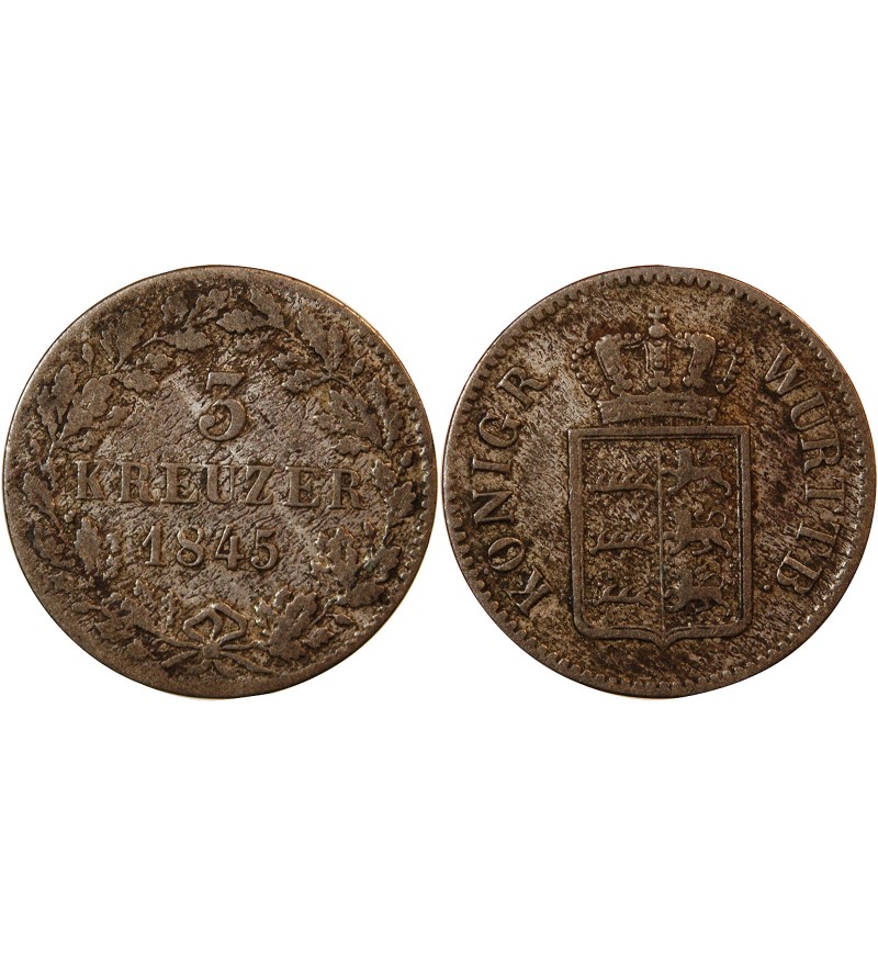 ALLEMAGNE, WURTEMBERG, WILHELM I - 3 KREUZER 1845