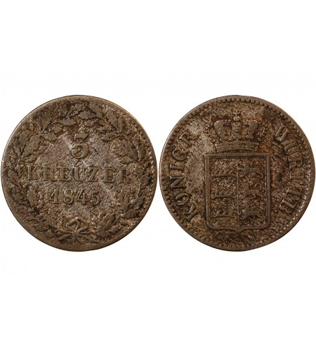 ALLEMAGNE, WURTEMBERG, WILHELM I - 3 KREUZER 1845