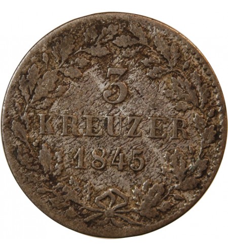 ALLEMAGNE, WURTEMBERG, WILHELM I - 3 KREUZER 1845