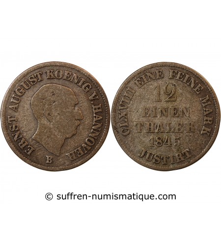 ALLEMAGNE, HANOVRE, ERNST AUGUST - 1/12 THALER ARGENT 1845 B