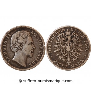 ALLEMAGNE, BAVIÈRE, LUDWIG II - 2 MARK ARGENT 1876 D MUNICH