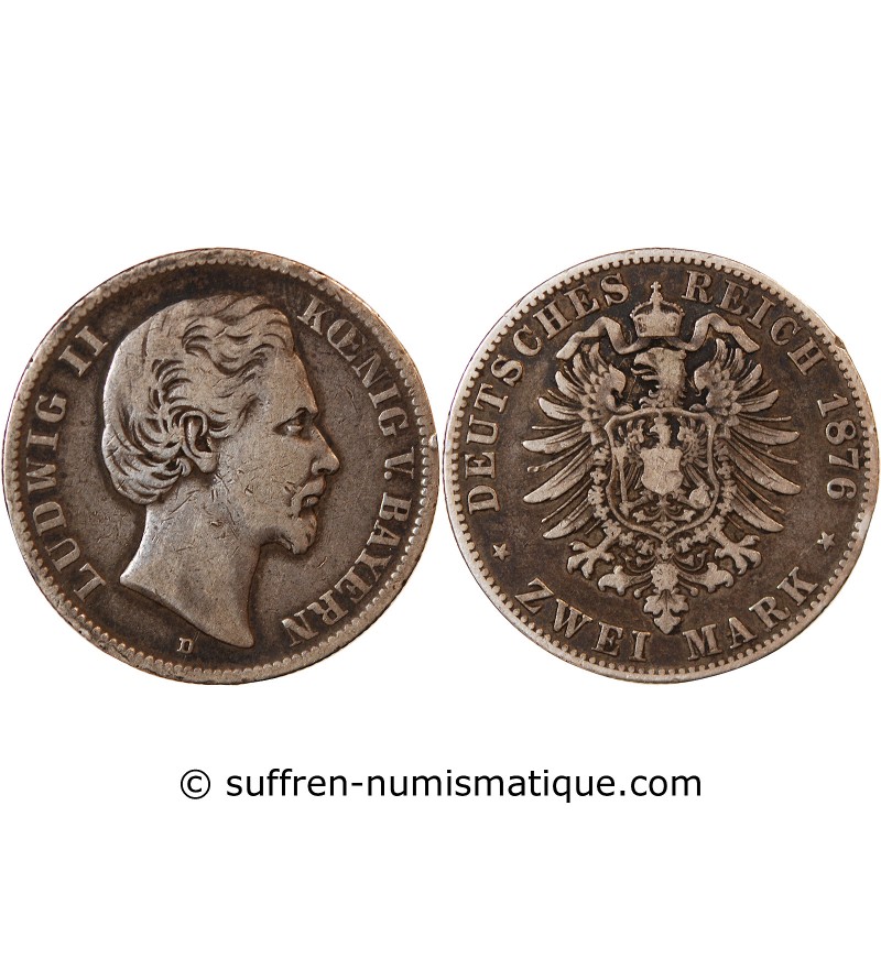 ALLEMAGNE, BAVIÈRE, LUDWIG II - 2 MARK ARGENT 1876 D MUNICH