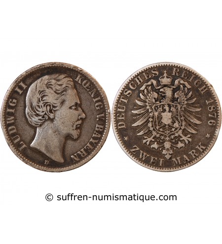 ALLEMAGNE, BAVIÈRE, LUDWIG II - 2 MARK ARGENT 1876 D MUNICH