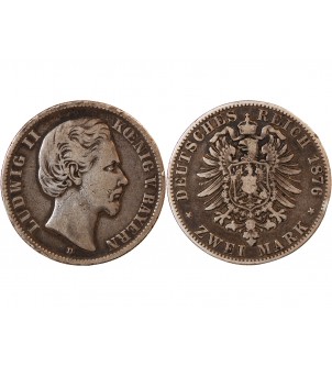 ALLEMAGNE, BAVIÈRE, LUDWIG II - 2 MARK ARGENT 1876 D MUNICH 2