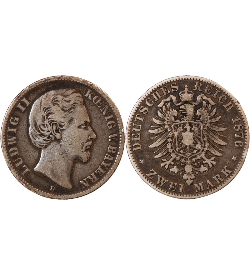 ALLEMAGNE, BAVIÈRE, LUDWIG II - 2 MARK ARGENT 1876 D MUNICH