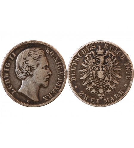 ALLEMAGNE, BAVIÈRE, LUDWIG II - 2 MARK ARGENT 1876 D MUNICH