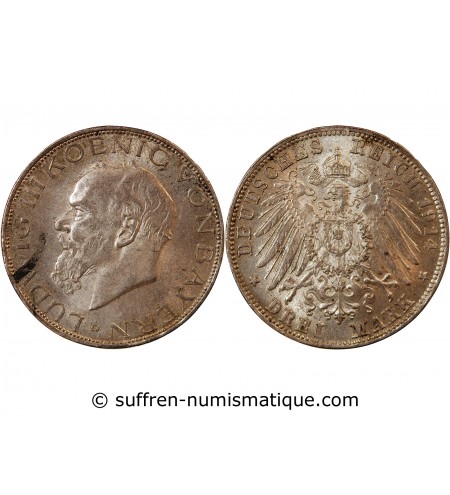 ALLEMAGNE, BAVIERE, LUDWIG III - 3 MARK ARGENT 1914 D MUNICH