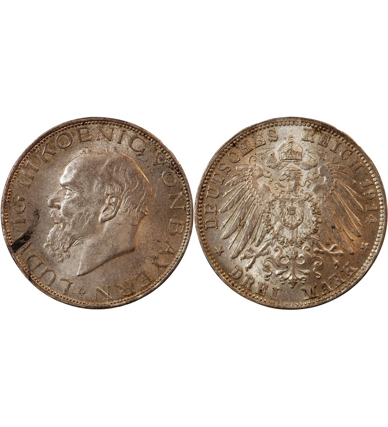 ALLEMAGNE, BAVIERE, LUDWIG III - 3 MARK ARGENT 1914 D MUNICH
