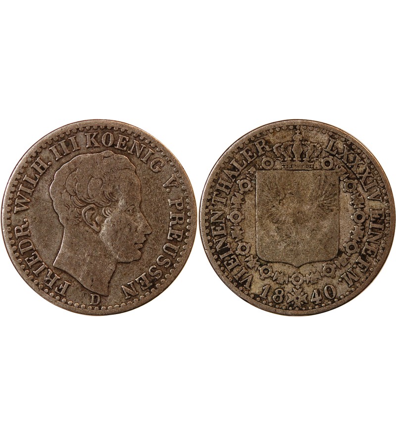 ALLEMAGNE, PRUSSE, FRIEDRICH WILHELM III - 1/6 THALER ARGENT 1840 D DÜSSELDORF