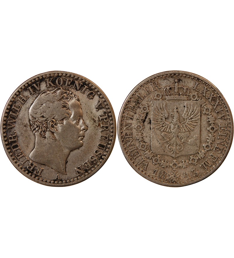 ALLEMAGNE, PRUSSE, FRIEDRICH WILHELM III - 1/6 THALER ARGENT 1843 A BERLIN