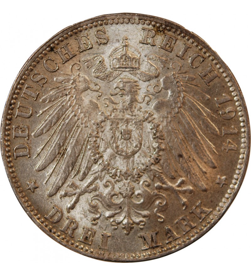 ALLEMAGNE, BAVIERE, LUDWIG III - 3 MARK ARGENT 1914 D MUNICH