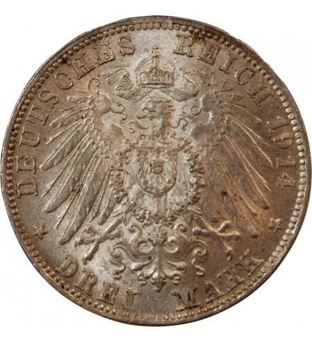 ALLEMAGNE, BAVIERE, LUDWIG III - 3 MARK ARGENT 1914 D MUNICH