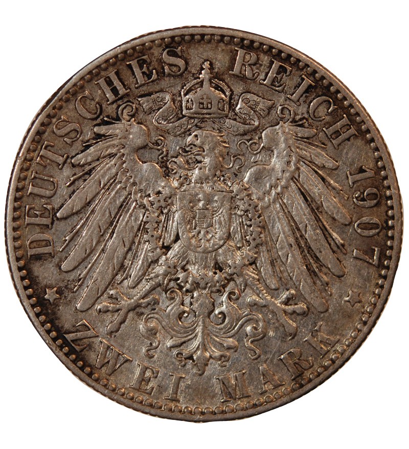 ALLEMAGNE, SAXE, FRIEDRICH AUGUST III - 2 MARK ARGENT 1907 E DRESDE