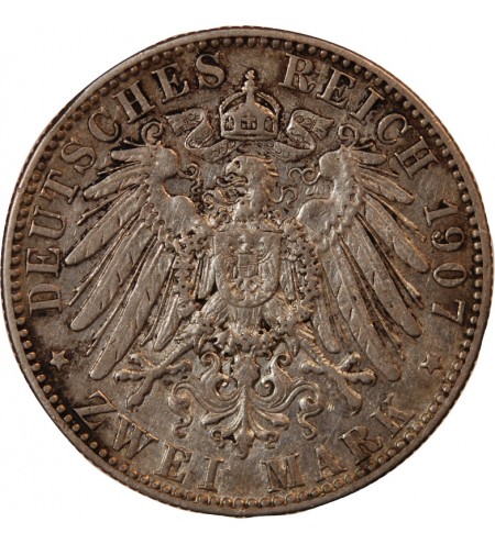ALLEMAGNE, SAXE, FRIEDRICH AUGUST III - 2 MARK ARGENT 1907 E DRESDE