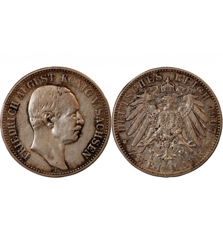 ALLEMAGNE, SAXE, FRIEDRICH AUGUST III - 2 MARK ARGENT 1907 E DRESDE