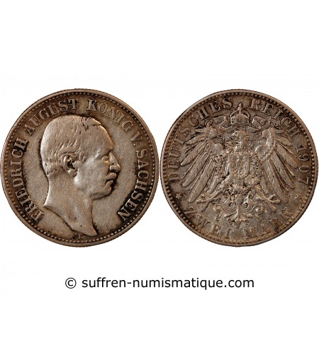 ALLEMAGNE, SAXE, FRIEDRICH AUGUST III - 2 MARK ARGENT 1907 E DRESDE