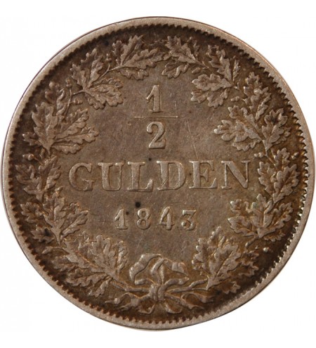 ALLEMAGNE, BADE, LEOPOLD I - 1/2 GULDEN ARGENT 1843