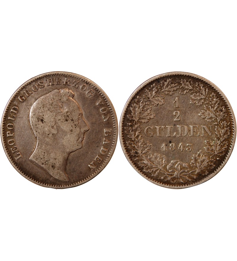 ALLEMAGNE, BADE, LEOPOLD I - 1/2 GULDEN ARGENT 1843