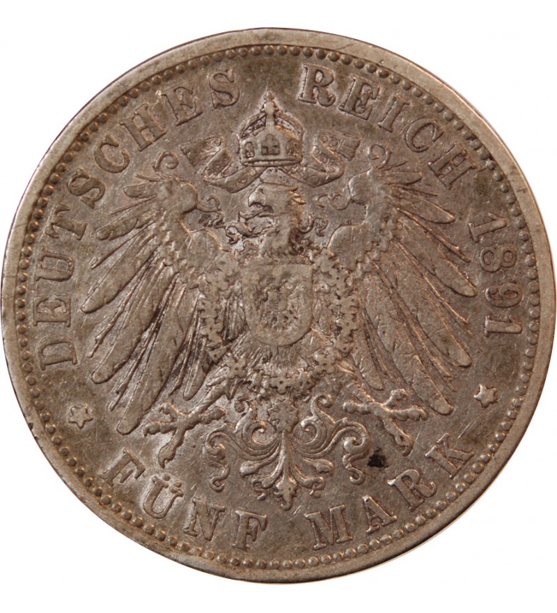 ALLEMAGNE, BADE, FRIEDRICH I - 5 MARK ARGENT 1891 G KARLSRUHE - Rare
