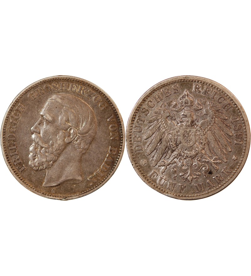 ALLEMAGNE, BADE, FRIEDRICH I - 5 MARK ARGENT 1891 G KARLSRUHE - Rare