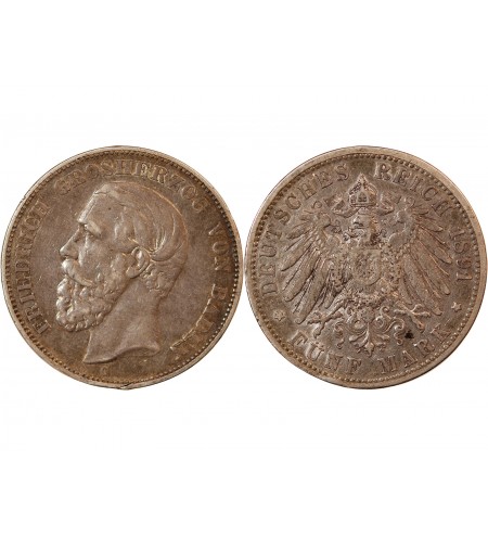 ALLEMAGNE, BADE, FRIEDRICH I - 5 MARK ARGENT 1891 G KARLSRUHE - Rare