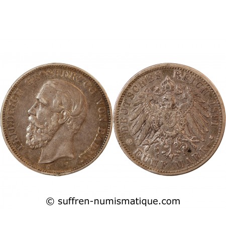 ALLEMAGNE, BADE, FRIEDRICH I - 5 MARK ARGENT 1891 G KARLSRUHE - Rare
