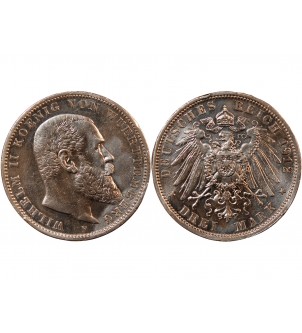 ALLEMAGNE, WURTEMBERG, WILHELM II - 3 MARK ARGENT 1912 F STUTTGART 2