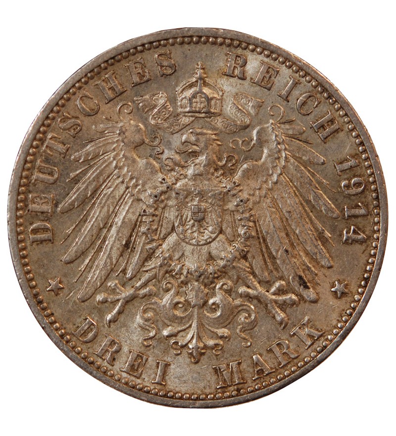 ALLEMAGNE, WURTEMBERG, WILHELM II - 3 MARK ARGENT 1914 F STUTTGART