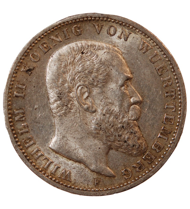 ALLEMAGNE, WURTEMBERG, WILHELM II - 3 MARK ARGENT 1914 F STUTTGART