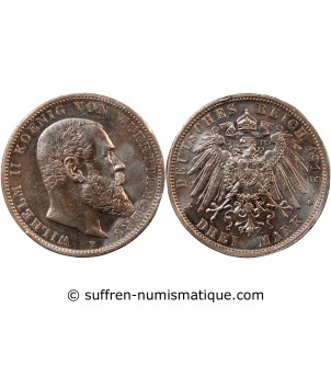 ALLEMAGNE, WURTEMBERG, WILHELM II - 3 MARK ARGENT 1912 F STUTTGART