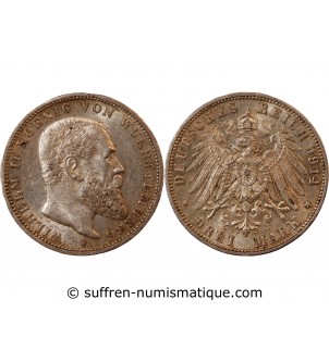 ALLEMAGNE, WURTEMBERG, WILHELM II - 3 MARK ARGENT 1914 F STUTTGART