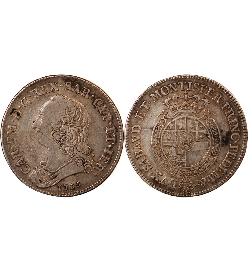 ROYAUME DE SARDAIGNE, CARLO EMANUELE III - 1/2 SCUDO ARGENT 1755
