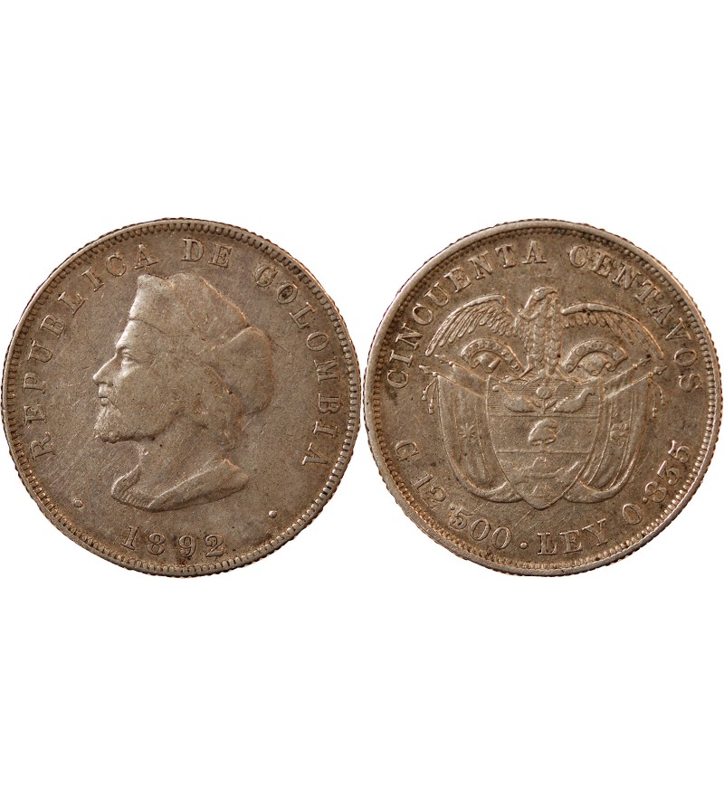 COLOMBIE - 50 CENTAVOS ARGENT 1892 - CHRISTOPHE COLOMB