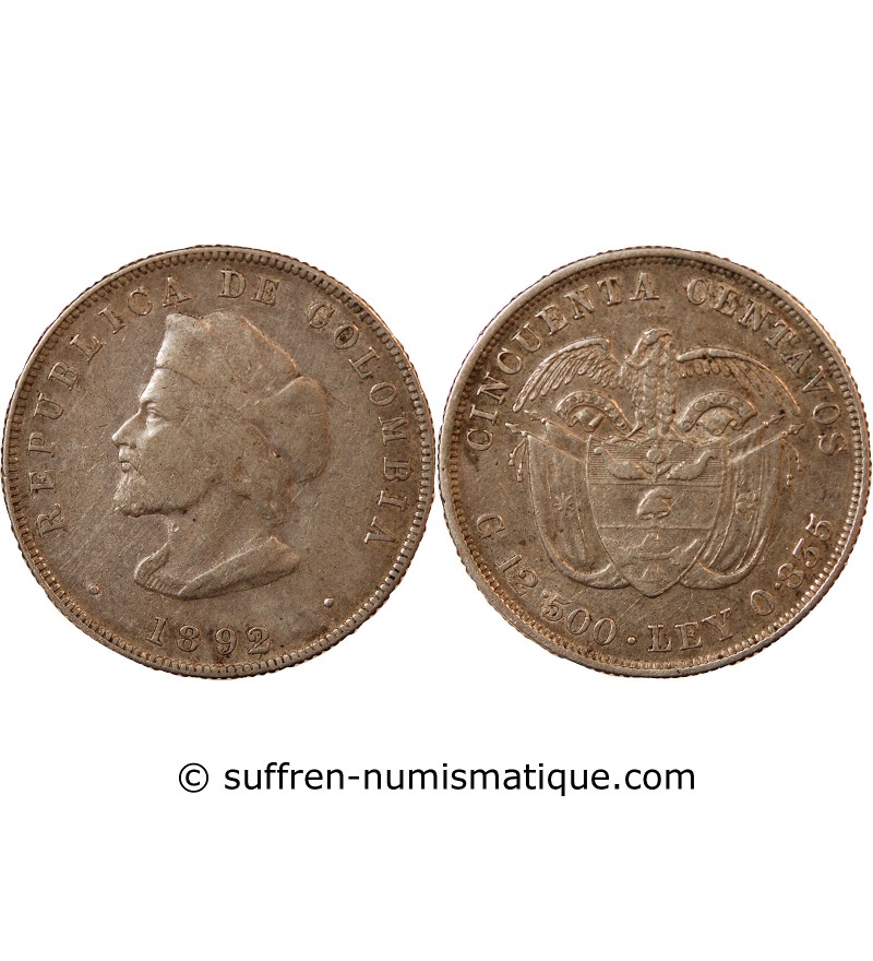 COLOMBIE - 50 CENTAVOS ARGENT 1892 - CHRISTOPHE COLOMB