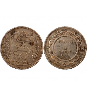 TUNISIE, MUHAMMAD AL-NASIR - 1 FRANC ARGENT 1911 A PARIS 2