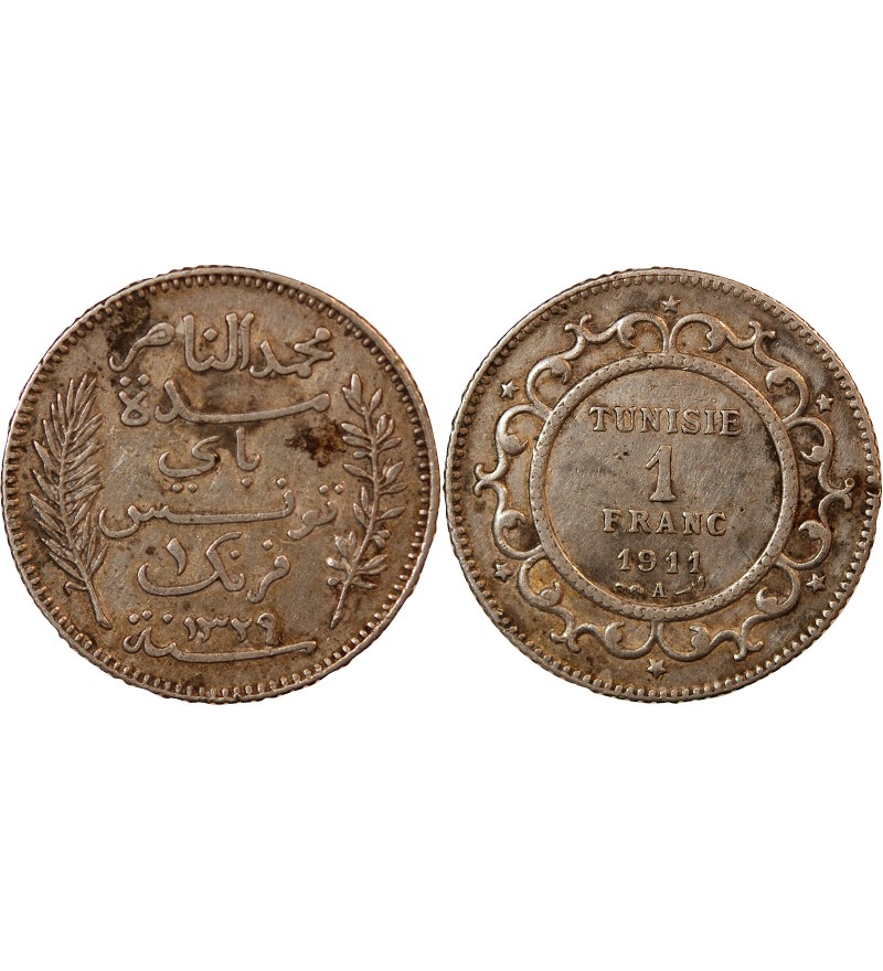 TUNISIE, MUHAMMAD AL-NASIR - 1 FRANC ARGENT 1911 A PARIS