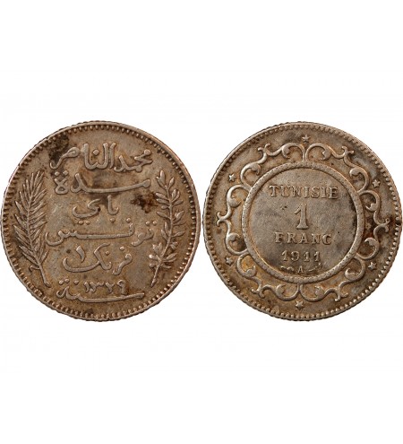 TUNISIE, MUHAMMAD AL-NASIR - 1 FRANC ARGENT 1911 A PARIS