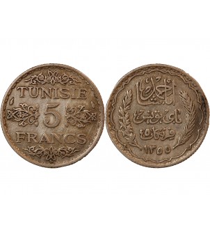 TUNISIE, AHMAD PASHA - 5 FRANCS ARGENT 1355 (1936) 2