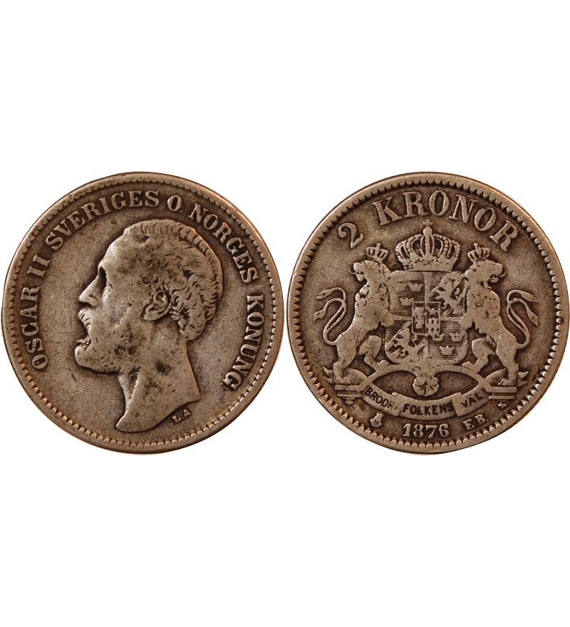 SUÈDE, OSCAR II - 2 KRONOR ARGENT 1876 - Petite date
