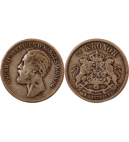 SUÈDE, OSCAR II - 2 KRONOR ARGENT 1876 - Petite date