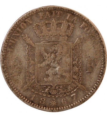 BELGIQUE, LEOPOLD II - 2 FRANCS ARGENT 1867 - Légende française