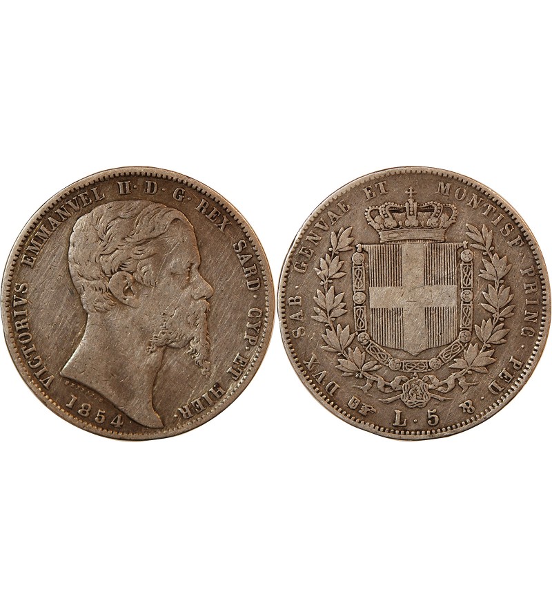 ITALIE, ROYAUME DE SARDAIGNE, VICTOR EMMANUEL II - 5 LIRE ARGENT 1854 B AIGLE