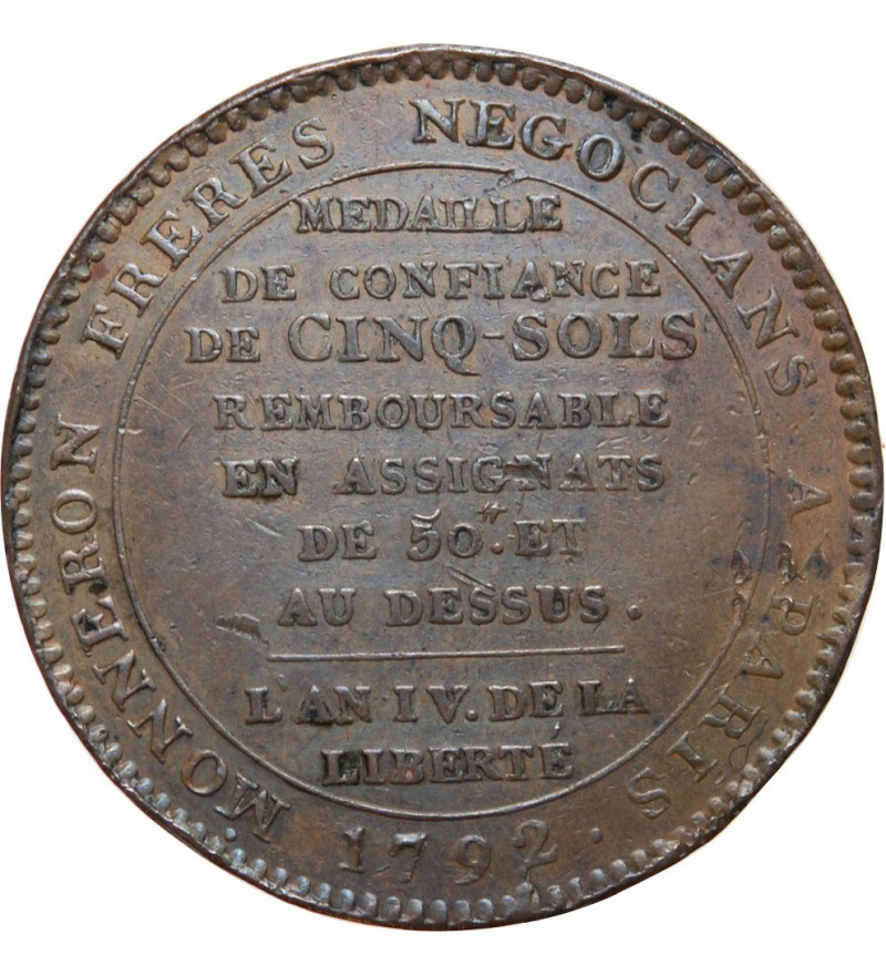 MONNAIE DE CONFIANCE - MONNERON 5 SOLS AU SERMENT 1792 L'AN IV﻿