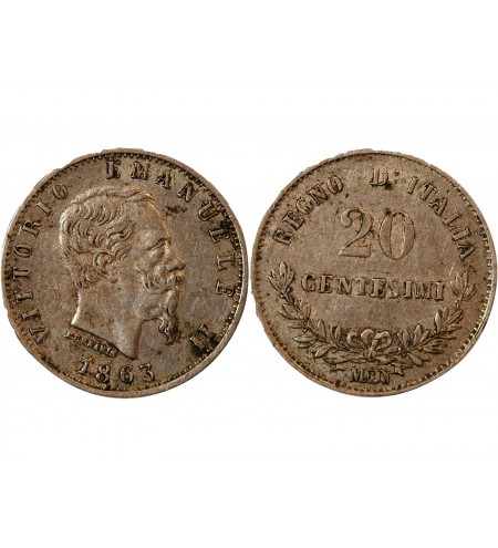 ITALIE, VICTOR EMMANUEL II - 20 CENTESIMI ARGENT 1863 M BN MILAN